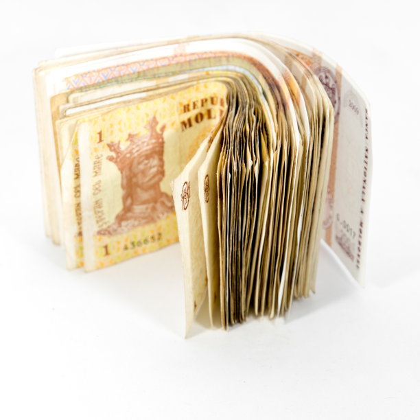 白色背景上的一堆摩尔多瓦雷亚尔钞票图片下载