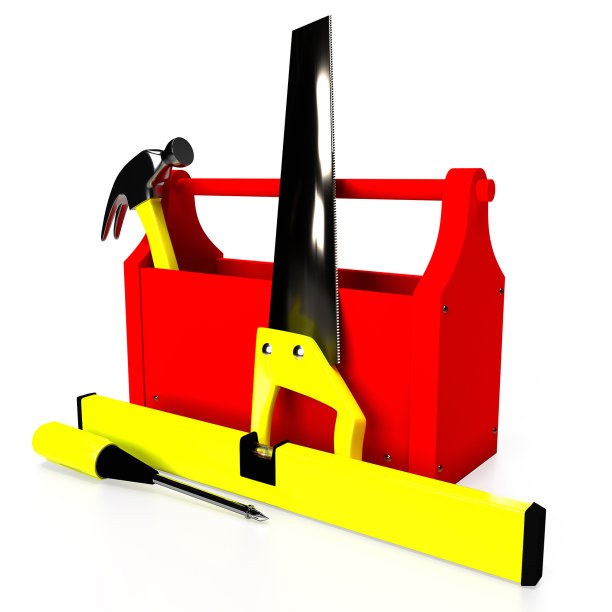 工具箱与锤子，气泡水平仪，螺丝刀和手锯，隔离在白色背景。三维渲染图片下载