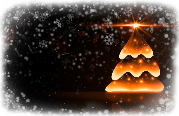 圣诞明信片的抽象背景和松树形状的树叶，雪花颗粒和明亮的灯。图片下载