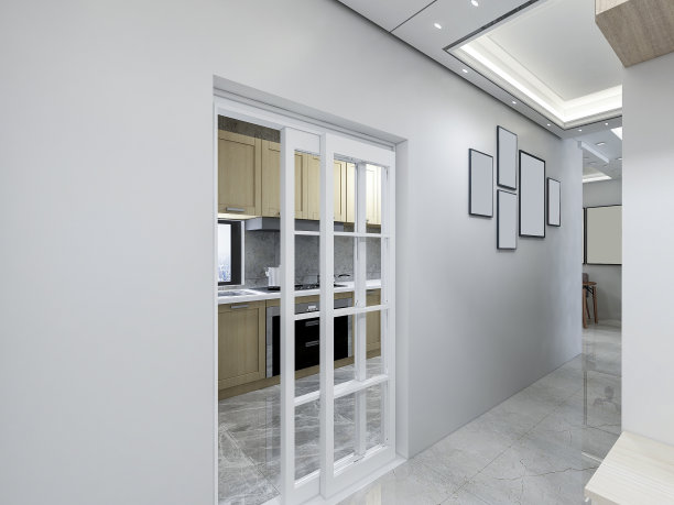 家庭走廊设计与滑动玻璃门连接到厨房图片下载