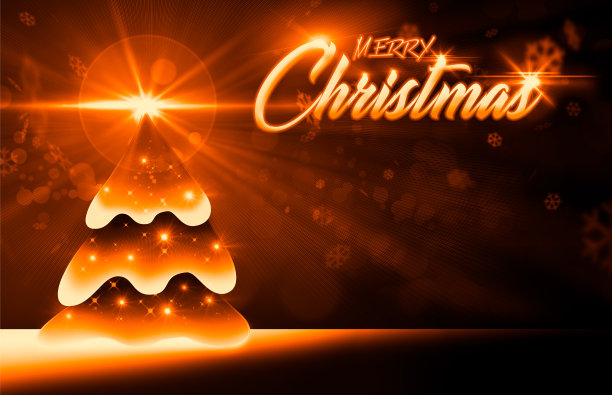 圣诞明信片的抽象背景和松树形状的树叶，雪花颗粒和明亮的灯素材图片