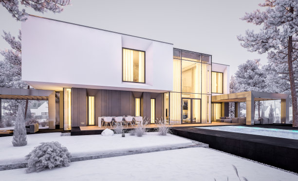 3d渲染现代舒适的房子与花园在冬季晚上图片下载
