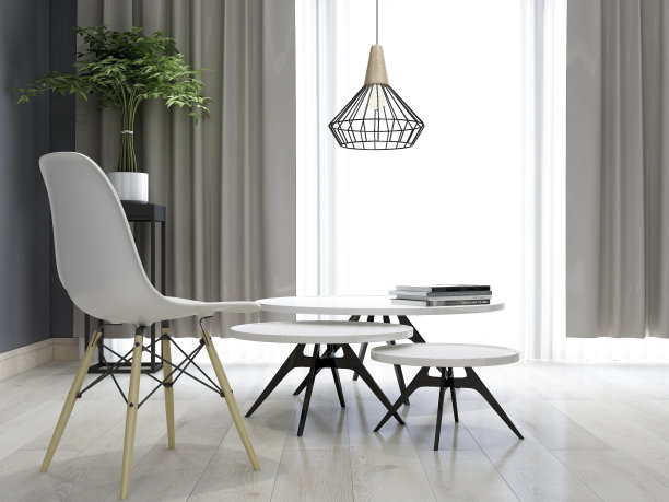 现代极简主义客厅设计，黑白色调，带塑料椅子的圆桌，装饰画，移动门等。图片下载