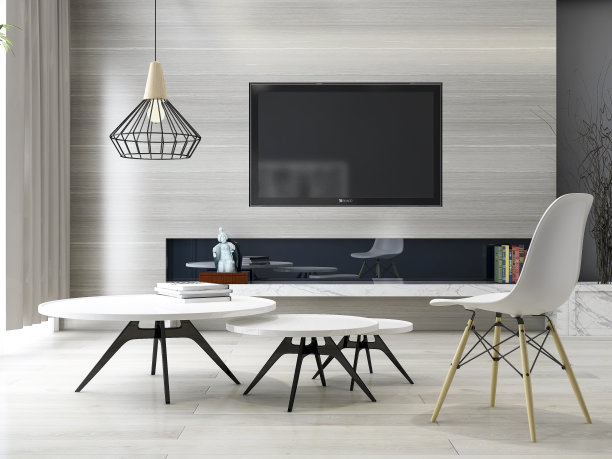 宽敞的客厅设计采用现代极简主义风格，黑白色调图片下载