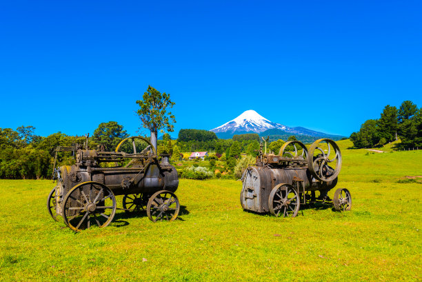 智利瓦拉斯港，绿色草坪上的蒸汽机。为文本复制空间。图片下载