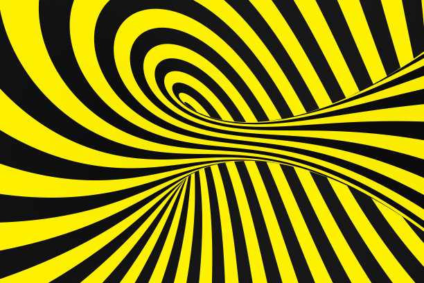 黑色和黄色的螺旋隧道从警用丝带。条纹扭曲催眠视错觉。警告安全背景。图片下载