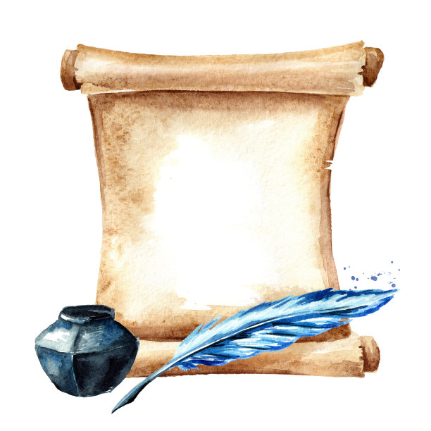 带笔墨的旧纸卷轴。水彩手绘插图孤立的白色背景素材图片