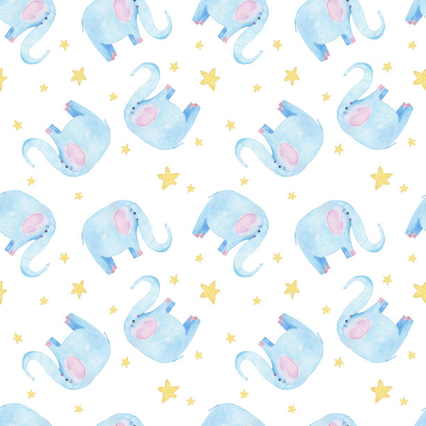 可爱的大象的模式。无缝水彩背景与蓝色大象卡通人物。最小婴儿或儿童印花设计。女孩托儿所。图片下载