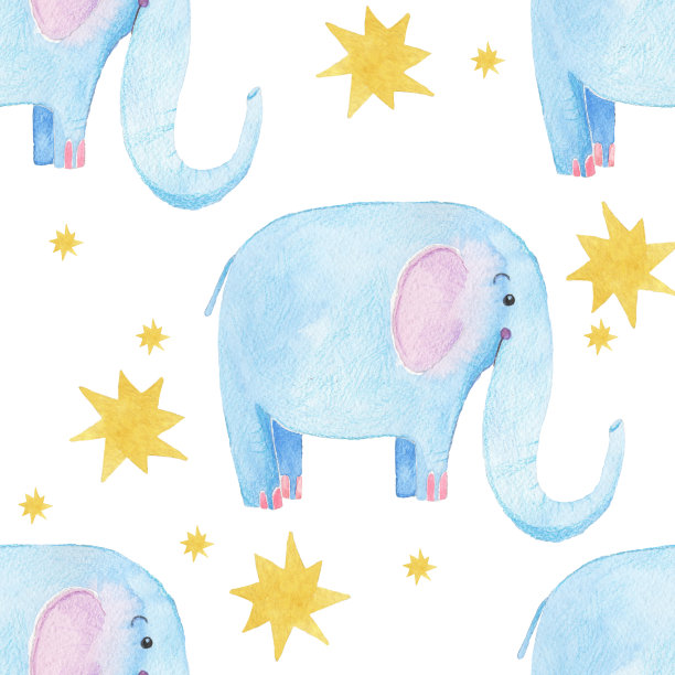 可爱的大象的模式。无缝水彩背景与蓝色大象卡通人物。最小婴儿或儿童印花设计。女孩托儿所。素材图片