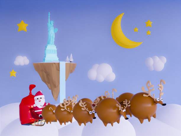 圣诞快乐，新年快乐，圣诞老人与驯鹿，3d渲染。图片下载