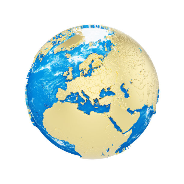 地球被隔离在白色背景上。金色的金属大陆和蓝色的海洋。地球日庆祝活动。图片下载