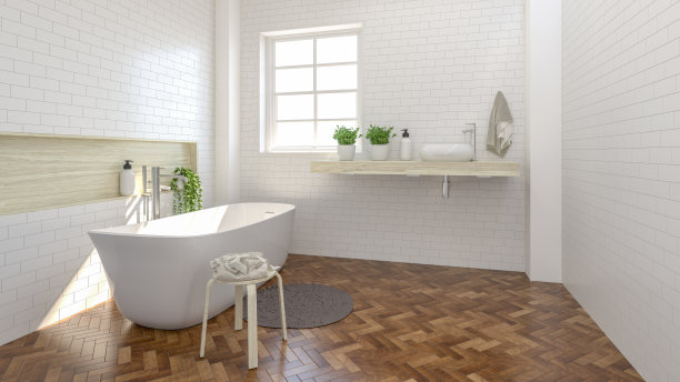 现代浴室室内设计，水槽，卫生间，淋浴，家庭3D渲染复制空间背景白瓷砖浴室和观赏植物木地板图片下载