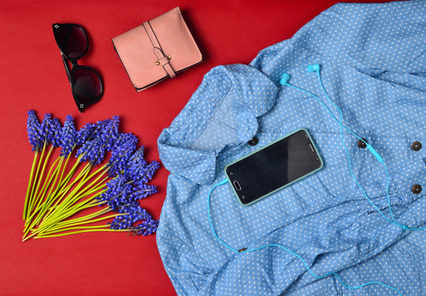 女人的衣服和配饰都以红色为衬里。衬衫，智能手机，钱包，太阳镜，耳机，蓝色野花。平躺图片下载
