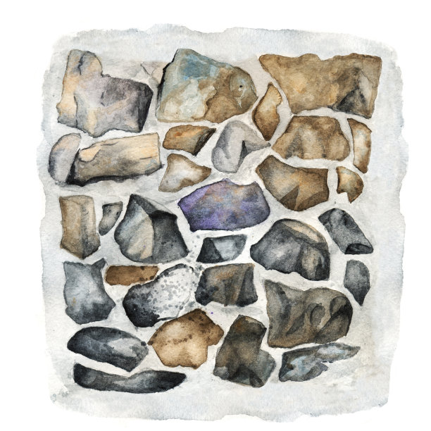 水彩背景与石墙，石雕图片下载