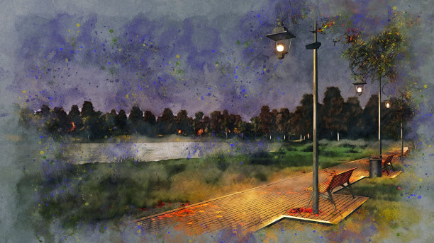 秋夜街灯照亮的步道素描图片下载