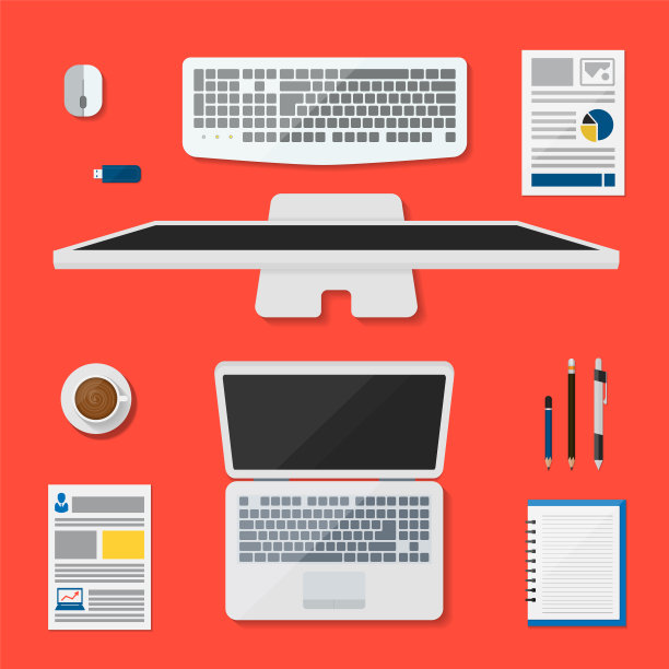 俯视图台式电脑笔记本和文件矢量设计的书桌上的概念图片下载