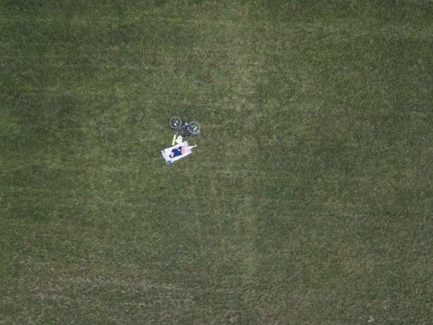 年轻的成年女子在公园里放松-鸟瞰图图片下载