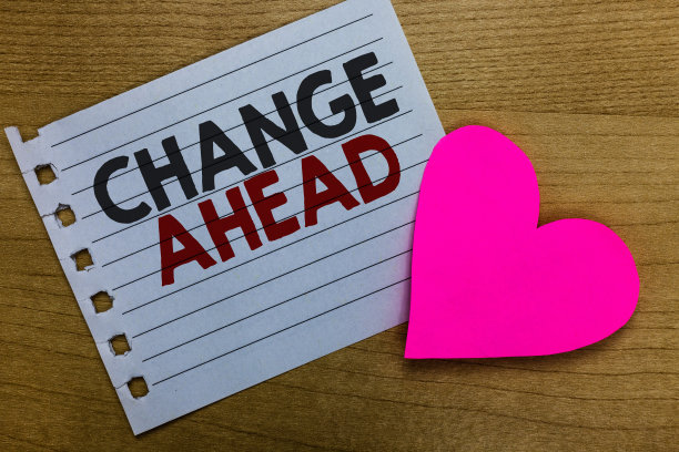 显示“变化在前”的概念性手写。商业照片展示一些等待发生的变化透视备用笔记本纸浪漫的想法心的感觉木制桌子。图片下载