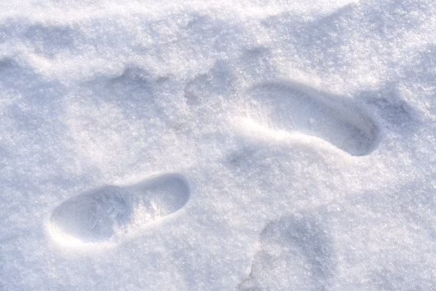 刚刚落下的白雪上印着两只人的鞋印。图片下载
