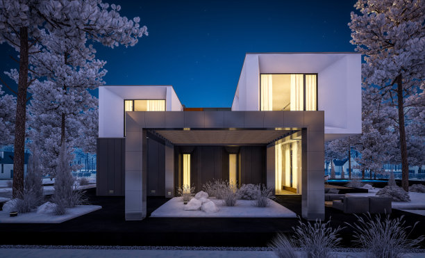 3d渲染现代舒适的房子花园凉爽的冬夜图片下载
