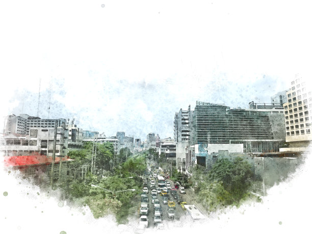 抽象办公楼以城市建筑为背景绘制水彩画。城市上的数字插画刷艺术图片下载