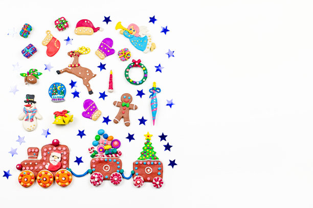 圣诞背景装饰。圣诞老人，带着圣诞树和糖果的圣诞火车，雪人，驯鹿和礼物图片下载