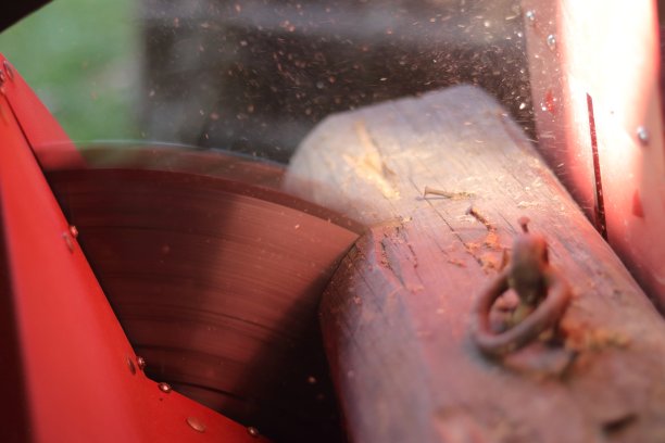 一个红色的安全圆锯正在锯一根旧木梁。这把嗡嗡作响的圆盘锯着木头，阳光照在伤口上。到处都是锯末。搁栅(椽)上有一个旧的金属衣架。图片下载