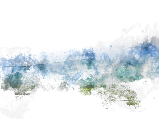 在水彩插画的背景上抽象了色彩丰富的山峰和树木景观。图片下载