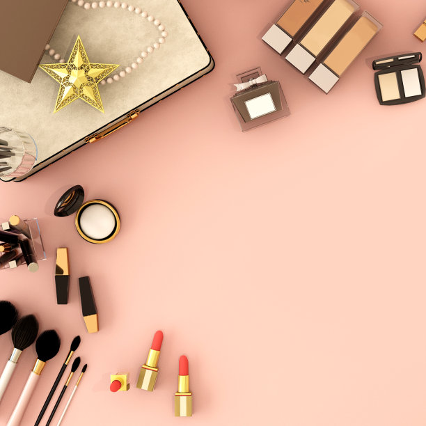 俯视图的配件，美容化妆品的女人在大理石背景，工作空间，3d插图，3d渲染图片下载