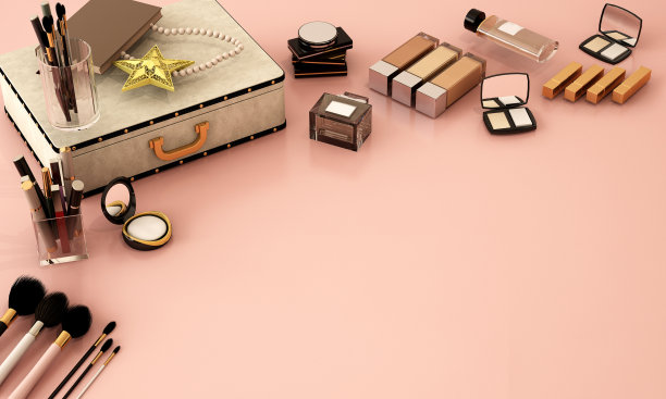 俯视图的配件，美容化妆品的女人在大理石背景，工作空间，3d插图，3d渲染图片下载