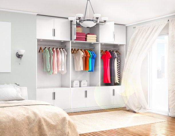 宽敞的房间有一张床，打开的门和一个大的白色衣柜。三维演示图片下载