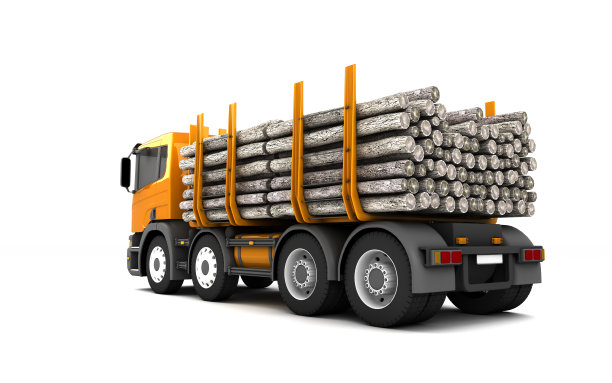 后侧视图的木材卡车孤立在白色背景。低角度的观点。广角。左侧。视角。3 d演示。图片下载
