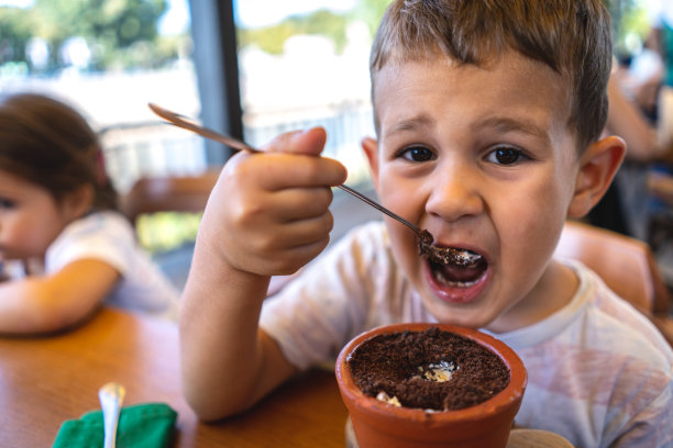 男孩在吃巧克力和香草冰淇淋素材图片