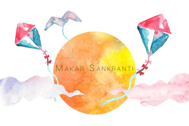 水彩风筝在天空中飞翔，伴随着太阳和云彩，庆祝马卡尔桑格拉提节图片下载