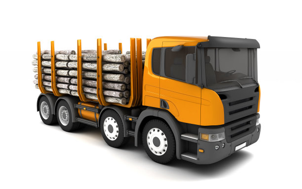 前侧视图的木材卡车孤立的白色背景。右侧视图。视角。3 d演示。图片下载