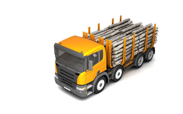 前侧视图的木材卡车孤立的白色背景。高角度的观点。左侧。视角。3 d演示。图片下载