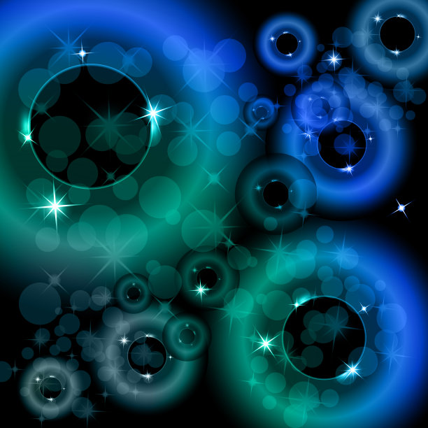 矢量插图明亮的颜色圈和环与亮点和火花在黑暗的背景。霓虹灯光效果，光辉万丈。图片下载