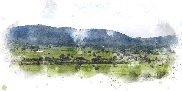 在水彩插画的背景上抽象了色彩丰富的山峰和树木景观。图片下载