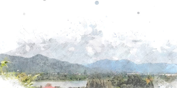 在水彩插画的背景上抽象了色彩丰富的山峰和树木景观。图片下载