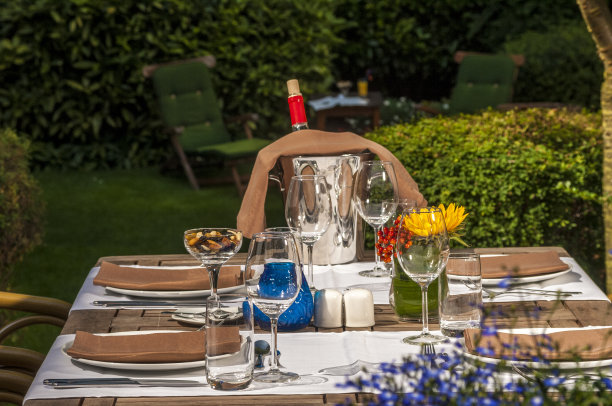 初夏装饰花园餐桌，外出就餐素材图片