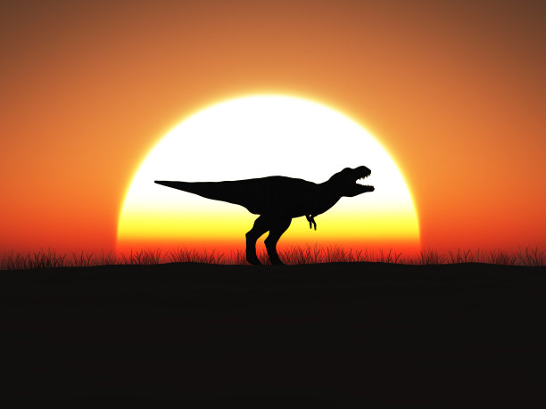 3D渲染的霸王龙站在一个大太阳在日落。图片下载