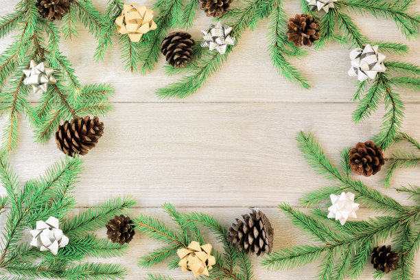 由冷杉树枝装饰成圆锥形和蝴蝶结，排成圆圈，相框。副本的空间。假日照片上的灯光背景。图片下载