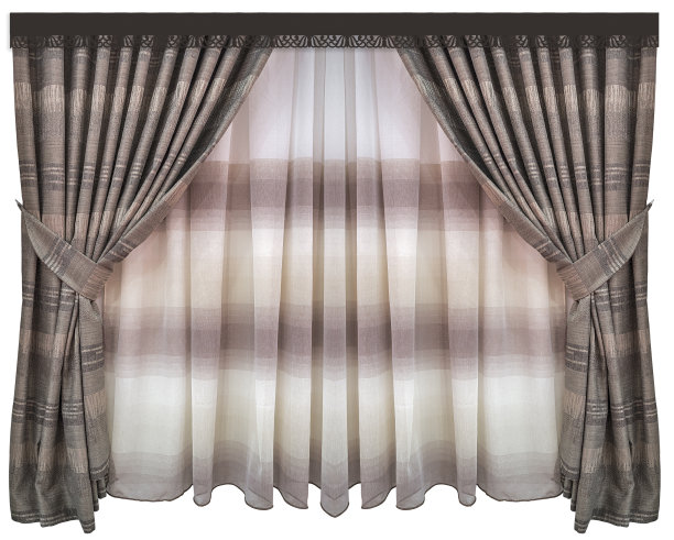 经典的室内设计。浓密的毛线条纹窗帘，薄纱和镂空的小皮包。在白色背景上隔离图片下载