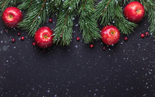 圣诞背景有树枝，红苹果和蔓越莓。黑暗的木桌上。降雪画效果图片下载