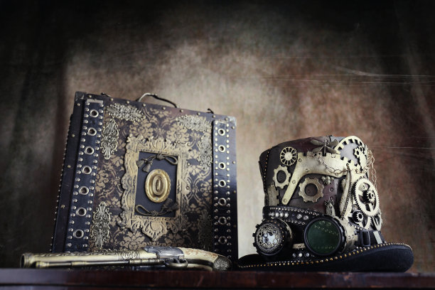 蒸汽朋克的装备，手提箱和枪帽图片下载