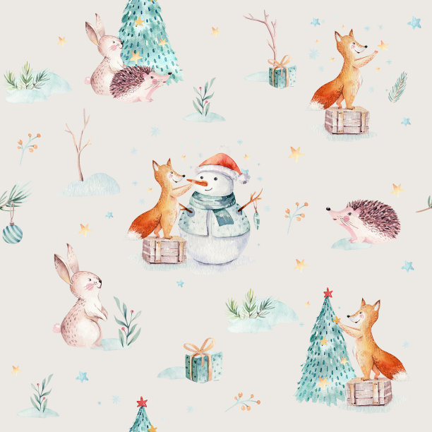 水彩圣诞无缝图案：礼物、雪人、可爱动物狐狸、兔子和刺猬，圣诞树庆祝纸，新年设计素材图片