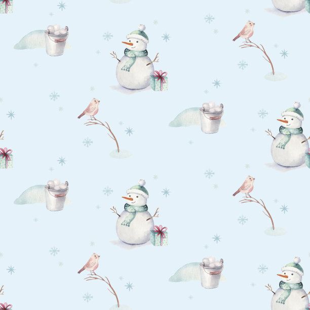 圣诞节水彩无缝图案，雪人、小鹿和兔子等可爱动物，圣诞节庆祝纸，冬季新年设计素材图片