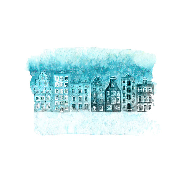 新年和圣诞节快乐的插画与冬季水彩老欧洲房子，雪在蓝色蓝绿色污点图片下载