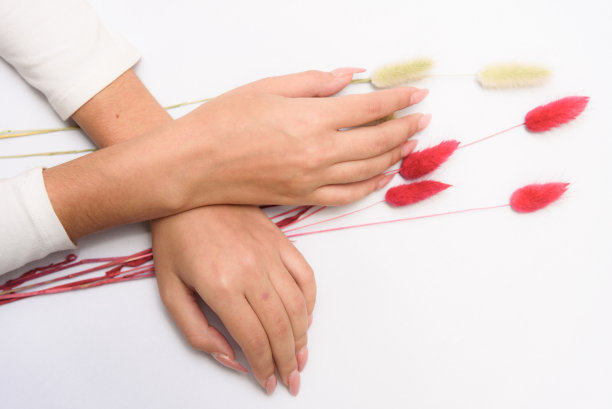 工作室的照片概念美丽的女性美丽的手女孩在白色的背景与自然的花朵。图片下载