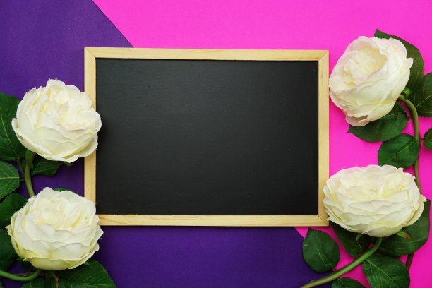 黑板和一束牡丹在粉紫色的背景上平躺着图片下载